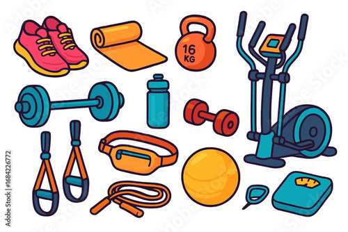 Colorful fitness equipment icon set. Gym workout vector cartoon accessories for healthy lifestyle. Sport training collection with dumbbell, kettlebell, elliptical, and sneakers.