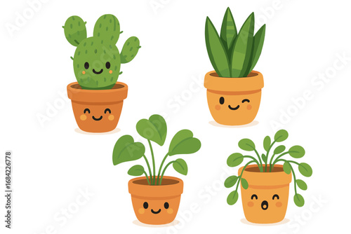Cute kawaii house plants in pots with funny faces. Vector character set. Adorable smiling mascot collection with cactus, succulent, leafy greens. Cartoon flat illustration for kids.