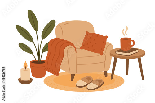 Cozy autumn hygge scene with armchair, plaid, pillow, and hot coffee. Home interior for rest and relaxation. Living room comfort with a book, candle, and plant. Vector illustration.