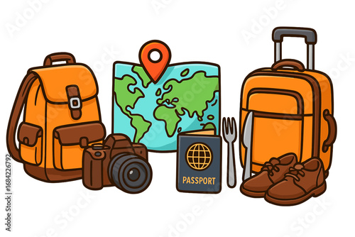 Essential Travel Gear for Adventure, Culture, and Culinary Exploration, Colorful Cartoon Vector Illustration with Backpack, Camera, Map, Passport, Footwear, and Suitcase in Set