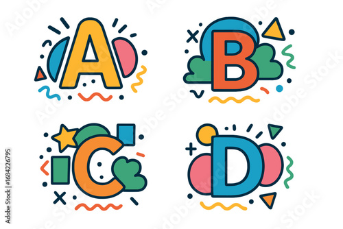 Colorful cartoon alphabet letters A, B, C, D. Creative abstract typography set. Modern geometric font for kids education, school, posters, or stickers. Funky initial concept.