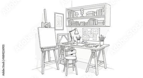 Hand drawn artistic workspace illustration with easel and table setup