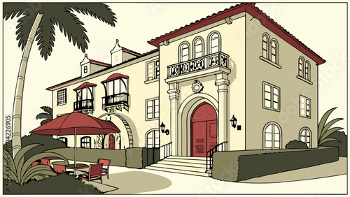 Mediterranean style house illustration architectural drawing home design exterior view patio palm trees red door balcony elegant building villa real estate house plan home facade landscape design out.