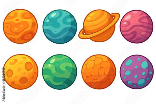 Colorful cartoon planets set. Vector collection of fantasy alien worlds with various textures and patterns. Cosmic celestial bodies for space games or science fiction. Isolated icons.