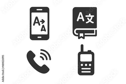 Communication icon set for tourists. Vector glyphs for language translation app, dictionary, phone call, and walkie talkie. Solid pictogram collection for travel.