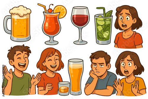 Vector cartoon set of bar drinks and people with emotions. Character illustrations with happy, bored, and surprised expressions. Includes beer, wine, cocktail, and mojito icons.