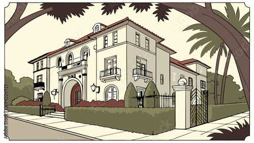 Mediterranean style house illustration architectural drawing home design luxury residence villa elegant building estate real estate property residential apartment building dwelling facade exterior ur.