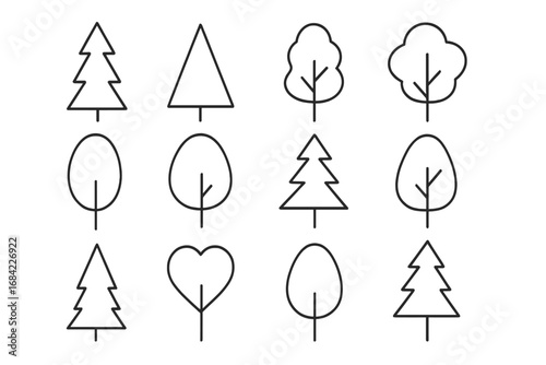 Outline tree icons set for graphic and web design, apps, adverts, and various cards. Vector cartoon style with transparent background. Forest nature elements in clean line art, organized collection.