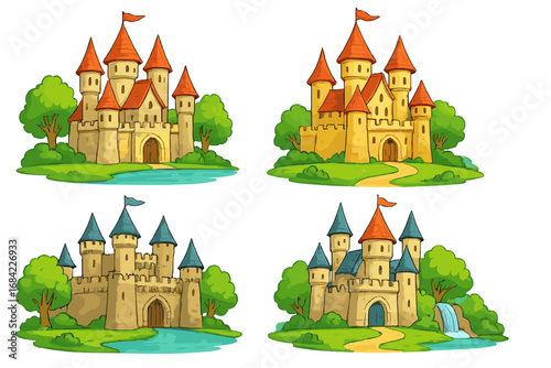 Set of four cartoon medieval fantasy castles. Vector illustrations of fairytale royal palaces with towers, flags, and water features. Historic kingdom architecture for games or books.