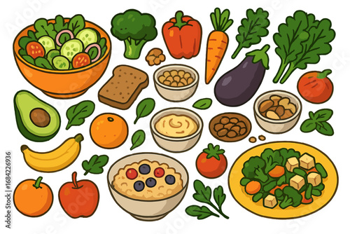 Plant-based food set. Vegan diet essentials collection. Healthy eating vector icons. Fresh vegetables, fruits, nuts, and grains for a whole foods lifestyle. Nutrition concept.