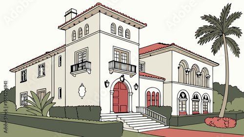 Mediterranean style house illustration architectural drawing home design luxury villa residential building real estate property elegant home classic architecture palm tree landscaping exterior design.