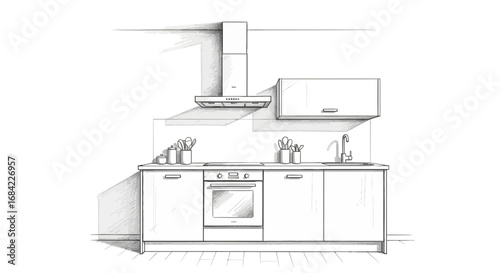 Hand Drawn Kitchen Interior Design, Sketchy Style Illustration Concept