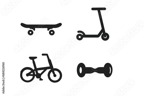 Micromobility vector icon set. Urban personal electric transport glyphs. Skateboard, kick scooter, folding bike, hoverboard. City transportation silhouette symbols for web.