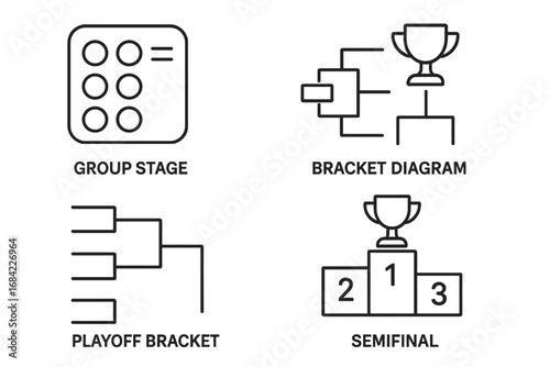 Tournament stages and competition icon set. Vector outline symbols of group stage, playoff bracket diagram, and winner's podium. Championship and sport contest infographic.