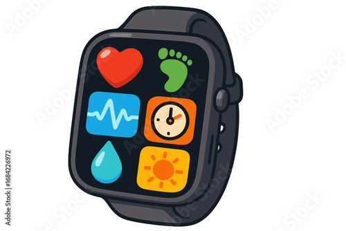 Smartwatch with health app interface. Fitness tracker for wellness, heart rate, steps. Wearable technology cartoon vector. Digital watch screen with sport & activity icons.
