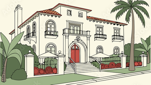 Mediterranean style house illustration architectural drawing home design luxury villa tropical home red door palm trees white building gated community exterior design real estate house plan home faca.