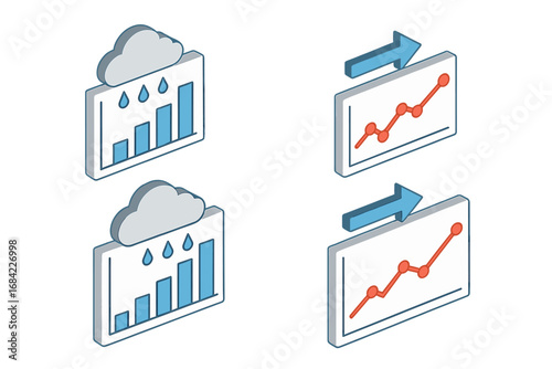 Meteorological icon set. Isometric flat icons for weather data visualization. Bar chart with rainfall and precipitation levels. Line graph showing growth trend and analysis.