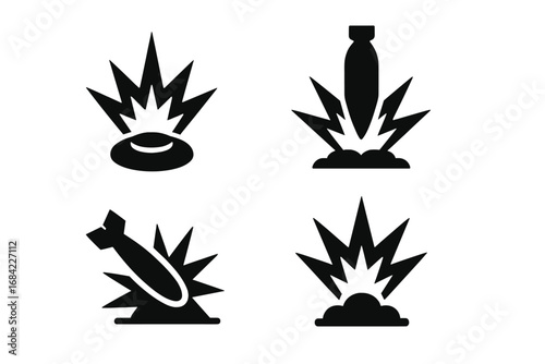 Military explosive icon set. Bomb, landmine, missile strike, and artillery shell detonation symbols. War and conflict vector graphics. Danger and combat pictogram collection.