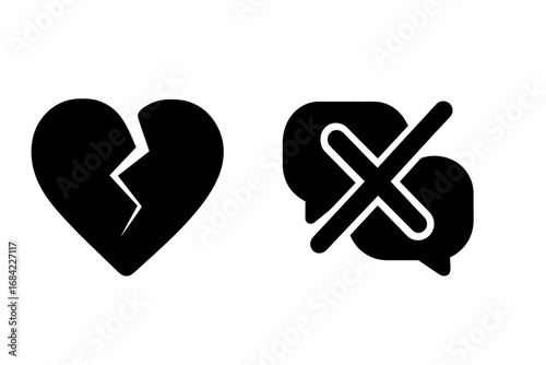 Relationship Effects Icons Vector Set, Bold Solid Filled Symbols, Broken Heart and Crossed Speech Bubbles, Personal Relationship Challenges, Communication Breakdown Concept Illustration
