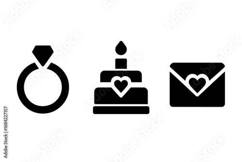 Solid filled relationship milestones icons vector set featuring wedding rings, anniversary cake with candle, love letter with heart symbol, romantic celebration symbols
