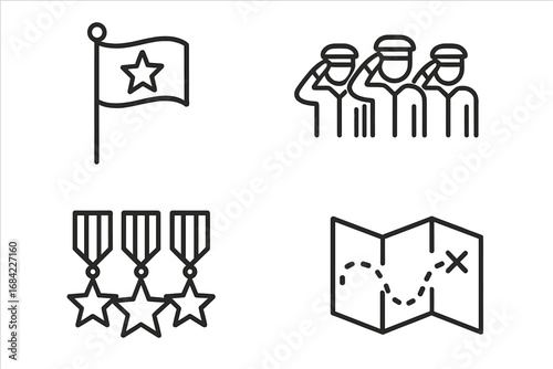 Vector military icons. Outline set of army symbols for accomplishment and honor. Includes unit flag, soldier salute formation, medal cluster, and strategic mission map illustration.