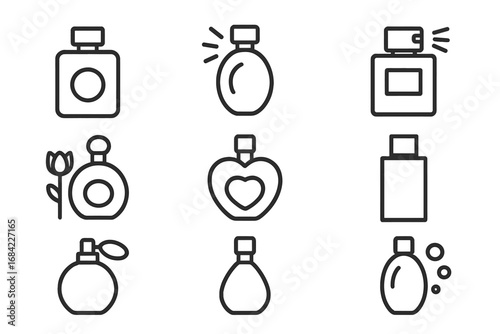 Perfume outline web line icons collection, minimalistic linear pictograms for web and graphic design, apps, banners, social network, cards, fragrance bottles, cosmetic vector set