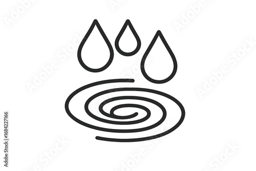 Water drop ripple line icon. Raindrop falling into a puddle making a splash. Liquid, drip, and vortex concept. Simple zen minimalist vector for spa, relaxation, or ecology.