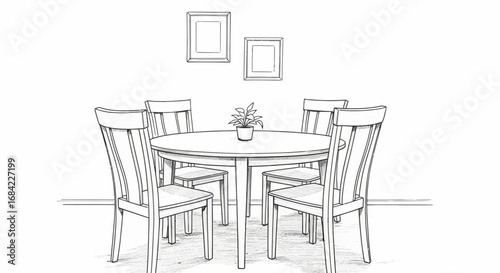 Illustration of dining room furniture with a round table and chairs