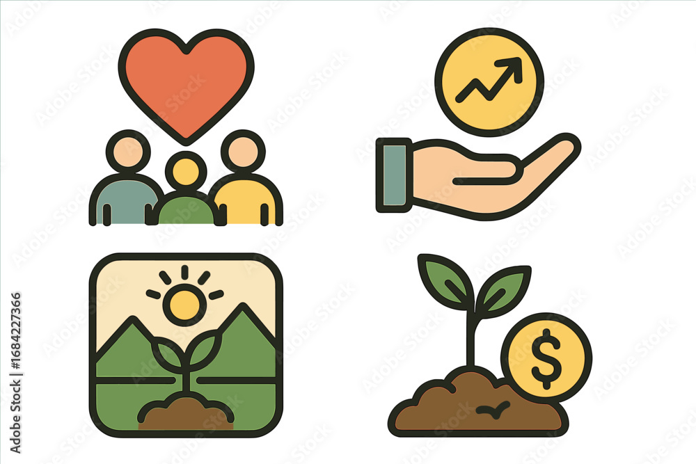 Fototapeta premium Social impact and financial growth icons, community development vectors for sustainable initiatives, cartoon style illustration with people, nature, and investment symbols