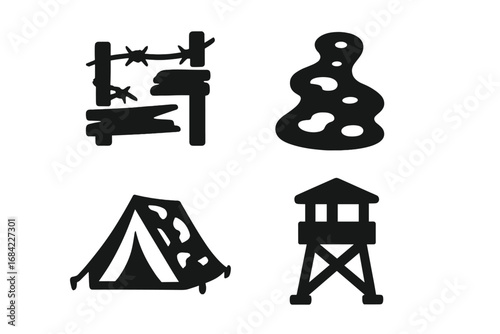 Military army icon set with warzone elements. Solid glyph vectors of a guard tower, barbed wire fence, camouflage tent, and muddy trail for security or survival concepts.