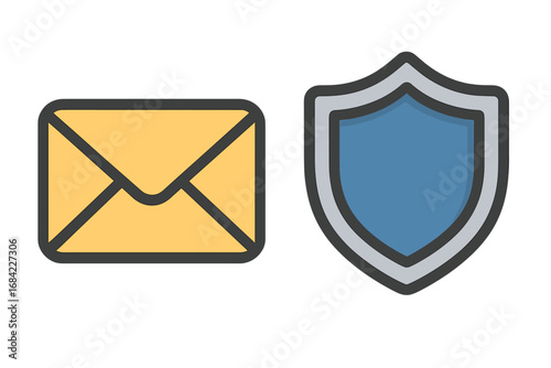 Email security concept. Secure communication, message protection, spam filter, and data privacy metaphor. Antivirus guard for inbox. Vector icons of mail envelope and shield.