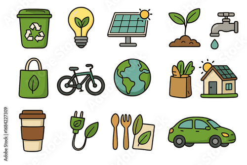 Sustainable living and eco-friendly practices icon set. Green energy, recycling, and conservation concepts. Vector cartoon illustration collection for environmental awareness.