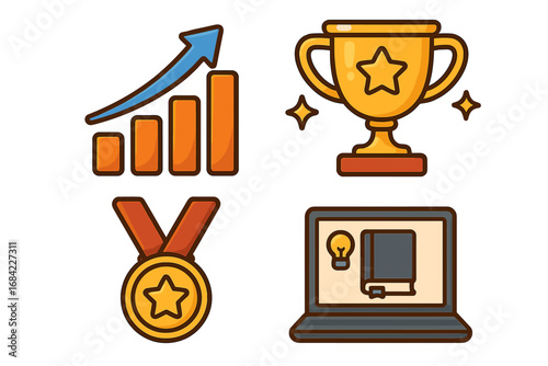 Education icon set for e-learning success. Progress graph, winner trophy, award medal, laptop. Concept for online course achievement, knowledge growth, and development. Vector