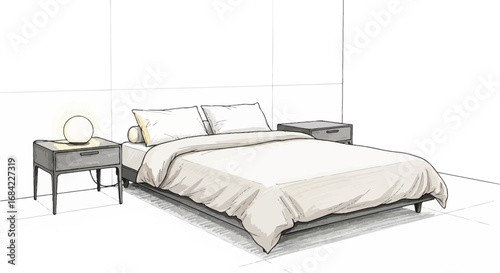 Minimalist Bedroom Illustration with Soft Lighting and Neutral Palette