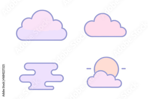 Twilight pastel cloud icon set with cotton candy hues, soft pink clouds, lavender mist, fading sun, dreamy sky illustrations, gentle gradient vector graphics for design