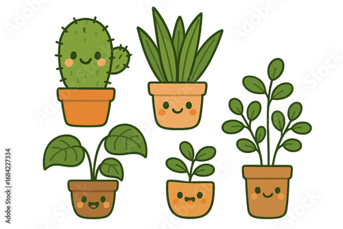 Set of cute kawaii plant characters in pots. Vector cartoon illustration of happy houseplants with smiling faces. Includes cactus, succulent and other foliage. Adorable, charming.