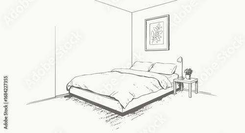 Minimalist bedroom interior sketch with bed, nightstand and wall art
