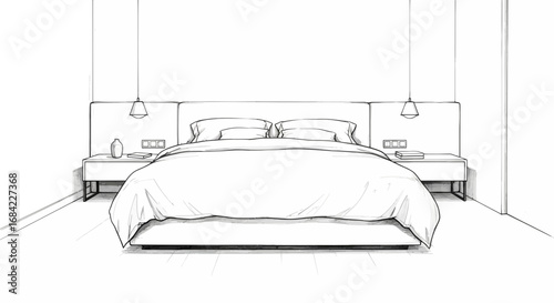 Minimalist bedroom sketch, clean lines and peaceful monochromatic aesthetic