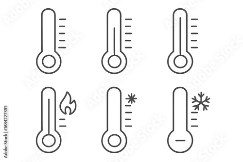 Thermometer icons set thin line editable stroke vector collection, weather and temperature symbols, heat and cold indicators, medical and climate illustrations, web, apps, books, cards