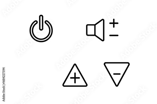 Remote control icons outline set with power button, volume controls, channel up and down symbols, modern vector illustration on transparent background for UI design