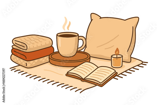 Cozy home comfort and relaxation concept. Hygge lifestyle with hot coffee, book, candle, pillow, and warm blankets. Autumn mood for a peaceful self-care retreat. Vector cartoon.