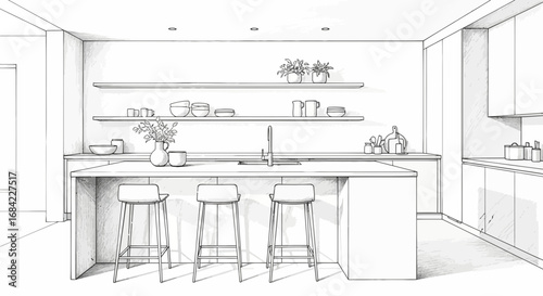 Minimalist kitchen sketch with island counter and bar stools for interior design