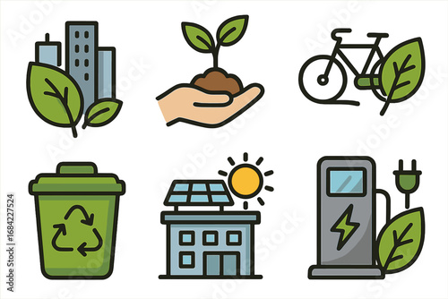 Sustainable city icon set. Green energy, recycling, and eco-friendly transport concepts. Vector cartoon symbols for environmental awareness, ecology, conservation, and clean tech.