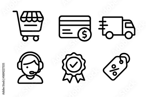 E-commerce outline icon set. Online shopping cart, credit card payment, delivery truck, customer support, quality guarantee badge, discount tag. Vector business symbols.