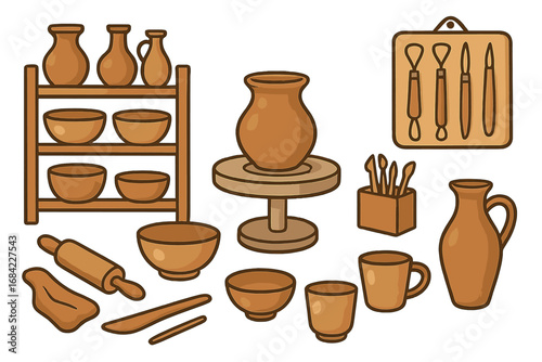 Pottery craft collection with ceramic tools and clay items. Vector set for artisan workshop or hobby. Handmade earthenware, potter's wheel, vase, bowl and cup illustration.
