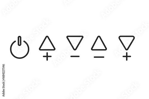 Remote control icons outline set of buttons including power, volume up and down, channel up and down symbols, vector illustration, minimalist design, electronic device interface
