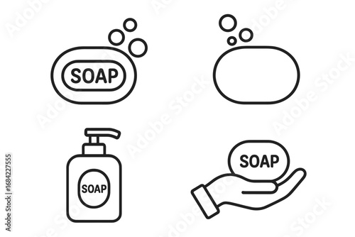 Minimalistic Soap Bar and Liquid Soap Pump Icon Set with Bubbles, Hand Holding Soap, Cleaning Hygiene Concept for Web and Graphic Design, Apps, Banners, Social Media, Vector Illustration