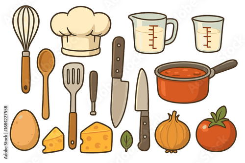 Illustrative collection of kitchen tools and ingredients for culinary enthusiasts with whisk, chef hat, measuring jars, knives, spatula, saucepan, egg, cheese, tomato, and onion, vector cartoon