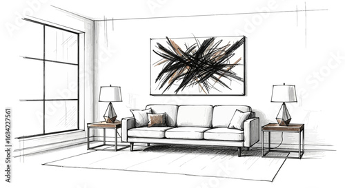 Minimalist living room sketch featuring modern furniture and artistic decor