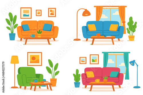 Set of colorful living room interiors. Cozy furniture for home and apartment decor. Vector cartoon illustration with sofa, lamp, table. Modern flat design furniture collection.